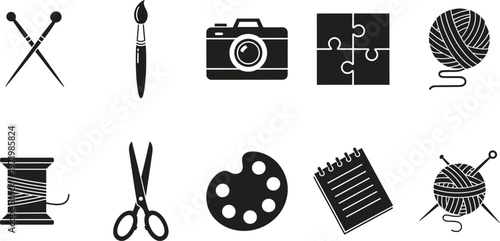A collection of creative tools and hobbies icons in black and white