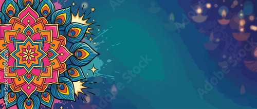Diwali Celebration Backdrop with Colorful Ornate Mandala and Peacock Feathers