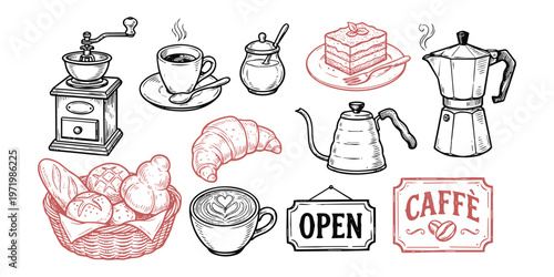 Collection of Hand-Drawn Coffee Shop Elements and Pastries.