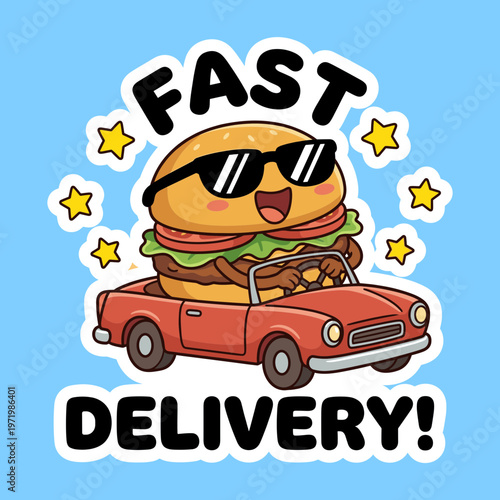 Fast Food Delivery Service Concept Illustration with a Funny Cartoon Hamburger Character Driving a Red Convertible Car with Stars on Blue Background