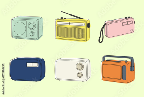 Vintage Retro Radio Receivers Collection on Light Green Background, Antique Analog FM AM Radio Set, Nostalgic Audio Equipment Illustration, Classic Transistor Radios 