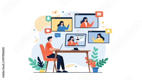 Professional man working from home while participating in virtual video conference with multiple people on screen.