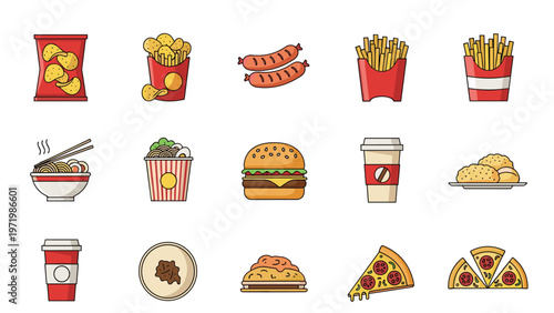 Versatile collection of fast food and snack icons including chips, burger, fries, and pizza in a colorful flat style.