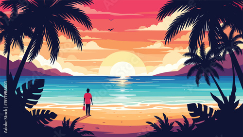 Vibrant pixel art landscape of a tropical beach during a sunset with palm trees and a person watching the waves.