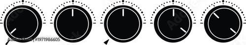 Black and white vector graphic illustration of five audio adjustment knobs