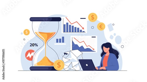 Stressed businesswoman working at her desk with giant hourglass and declining financial charts showing economic loss.
