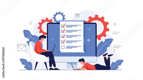 Team collaboration on digital task management and productivity project with professional workers using computer and checklist.