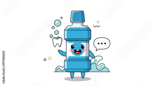 Adorable mouthwash bottle character promoting dental hygiene and tooth care with happy expression and clean tooth symbol.