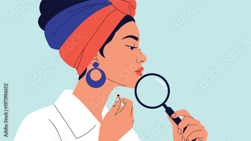 Concerned woman using a magnifying glass to examine a mole on her neck for early skin health detection and checkup.
