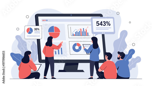 Group of professional analysts reviewing various data charts and statistics on a large presentation screen in office.