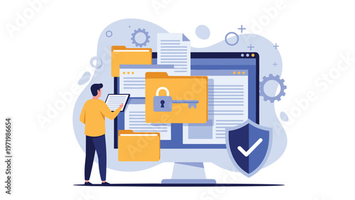 Secure data management concept with man managing digital files on monitor protected by large lock, key, and shield.