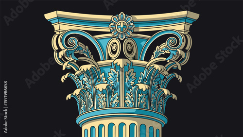 Elegant architectural detail of classic ornate column capital with floral motifs and scrolls against a dark black background.