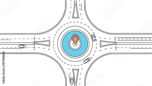 Bird eye view of city traffic circle junction with vehicles navigating around central roundabout featuring location pin icon.