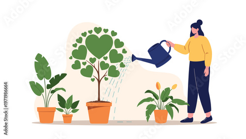 Compassionate woman nurturing heart leaf tree with watering can to represent love growth and emotional well-being concepts.