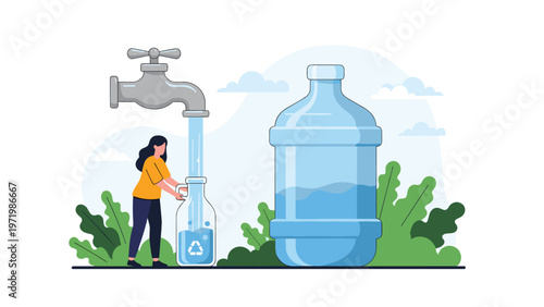 Environmentally conscious woman using water refill station with large gallon bottle and recycle symbol for sustainability.