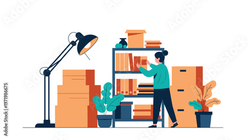 Organized woman arranging bookshelf in office or home library with storage boxes and large floor lamp in the room.