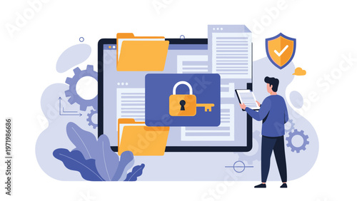 Data security and cyber protection concept featuring person managing digital files and folders with large golden padlock.