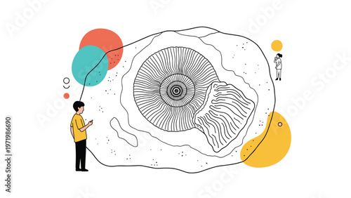 Curious person examining ancient giant ammonite fossil shell in museum exhibition or archeological dig site display.