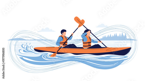 Adventurous couple wearing life jackets while paddling orange kayak through swirling blue waves on scenic river.