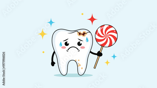 Sad cartoon tooth character with cavity holding a sweet lollipop to warn about dental health and sugar effects.