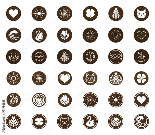 Collection of Coffee Latte Art and Nature Symbols Silhouette Icons Set, Heart, Sun, Leaf, Cat, Clover and Swan Round Vector Graphics for Cafe Design