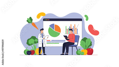 Professional nutritionist consulting patient about healthy diet and weight loss with vegetable icons and data chart.