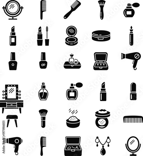 Comprehensive set of black silhouette beauty, makeup, and personal care accessories icons for cosmetic design