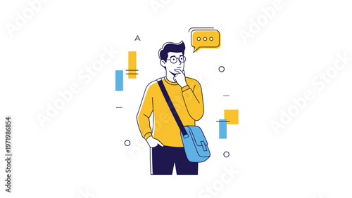 Young man wearing glasses looking thoughtful with a yellow thinking bubble speech symbol representing creative ideas and problem solving.