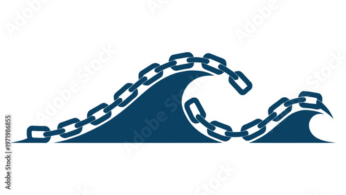 Stylized blue chain link draped over abstract ocean waves isolated on white background