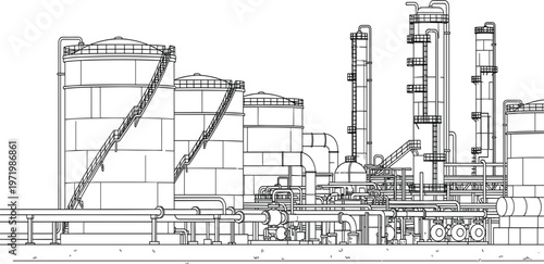 Industrial Oil Refinery and Chemical Plant Line Art Illustration with Storage Tanks, Pipelines and Factory Infrastructure