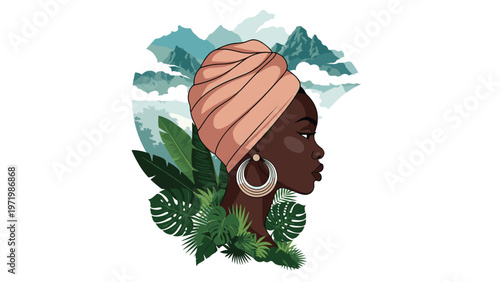 Beautiful portrait of an African woman wearing a traditional peach headwrap and large earrings with tropical foliage and mountain scenery.