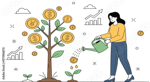 Investment Growth Concept with Woman Watering Money Tree and Coins, Modern Illustration for Financial Success, Savings and Wealth Building