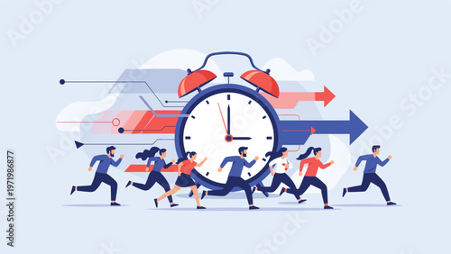 Stressed office workers racing against time in front of giant alarm clock to meet urgent project deadlines together.