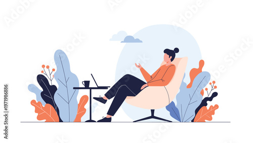 Young person relaxing in a comfortable lounge chair while working on a laptop in a cozy indoor setting surrounded by green house plants.