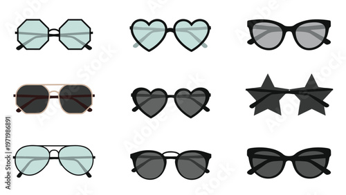 Comprehensive collection of stylish sunglasses in various trendy shapes including hearts, stars, aviators, and geometric designer frames.