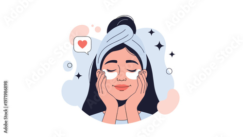 Young woman enjoying a relaxing skincare beauty routine wearing white eye patches and a hair towel with a red love heart symbol nearby.