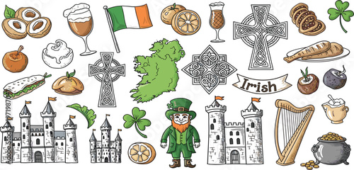 Irish Symbols Collection with Shamrock, Celtic Cross, Leprechaun, Castle and Traditional Food, Hand Drawn Illustration Set for St Patricks Day, Culture, Travel, and Heritage Design