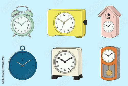 Collection of Different Types of Clocks and Alarms, Cuckoo Clock, Pocket Watch, Table Clock and Pendulum Clock for Time Management Vector Icons