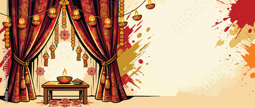 Diwali Festival Illustration with Decorative Curtains and Burning Diyas