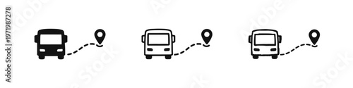 Front view coach bus route or destination with map pin icon set, ideal for travel navigation and tourism.