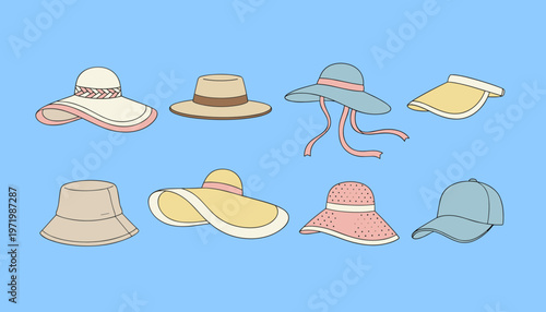 Collection of Summer Sun Hats and Beach Headwear Vector Icons, Elegant Female Straw Hats, Bucket Hat and Baseball Cap Isolated on Blue Background