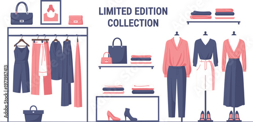 Limited Edition Fashion Collection Display with Clothing Rack, Outfits and Accessories, Modern Illustration for Retail, Boutique and Apparel Design