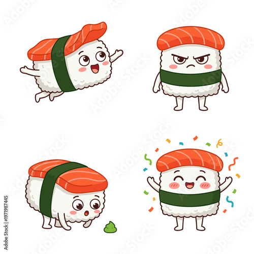 Cute Sushi Salmon Nigiri Character Set with Different Emotions and Poses, Happy, Angry, Surprised and Celebrating Japanese Food Mascot Vector