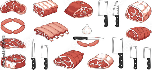Meat Cuts and Butcher Tools Collection with Beef, Pork, Sausages and Knives, Food Illustration Set for Butchery, Cooking, BBQ Preparation, and Culinary Design