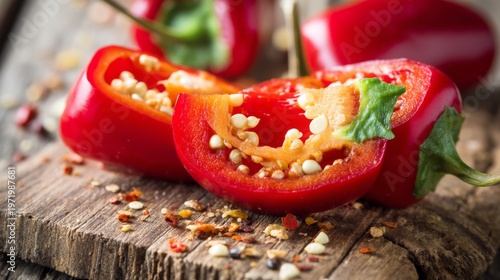 Fresh Sliced Red Chili Peppers on Wooden Table with Spices
