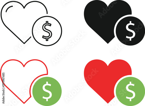 Heart with dollar sign vector graphic for donation and monetization concepts