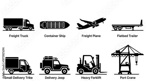 Logistics and Transportation Icons Set, Freight Truck, Container Ship, Cargo Plane, Flatbed Trailer, Delivery Jeep, Forklift and Port Crane Symbols