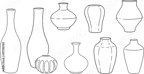 Minimal Ceramic Vases Outline Collection with Modern Shapes, Line Art Illustration Set for Interior Design, Home Decor, and Contemporary Pottery Concepts