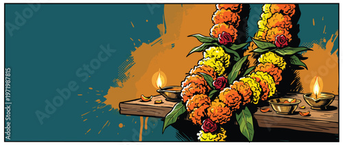 Diwali Marigold Garlands with Lit Diyas on a Wooden Shelf Illustration
