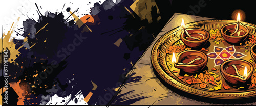 Diwali Oil Lamp Tray Arrangement with Calm Visual Elements